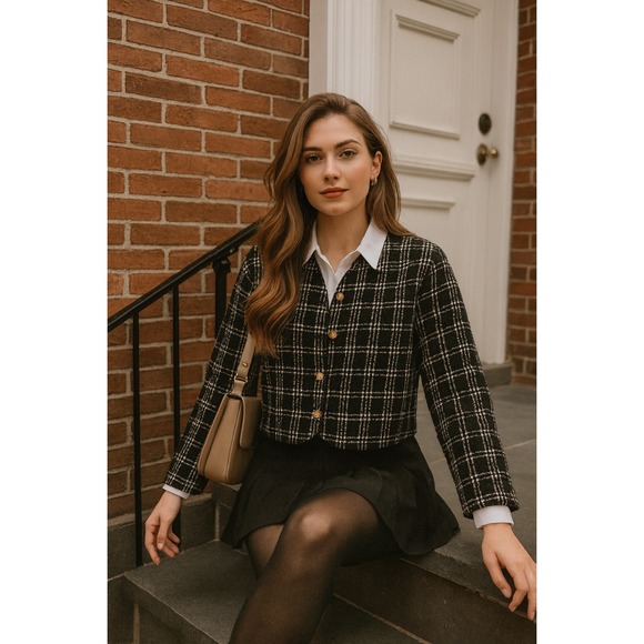 Zara Jackets & Blazers - Zara‎ black plaid textured weave boxy jacket size small blogger preppy